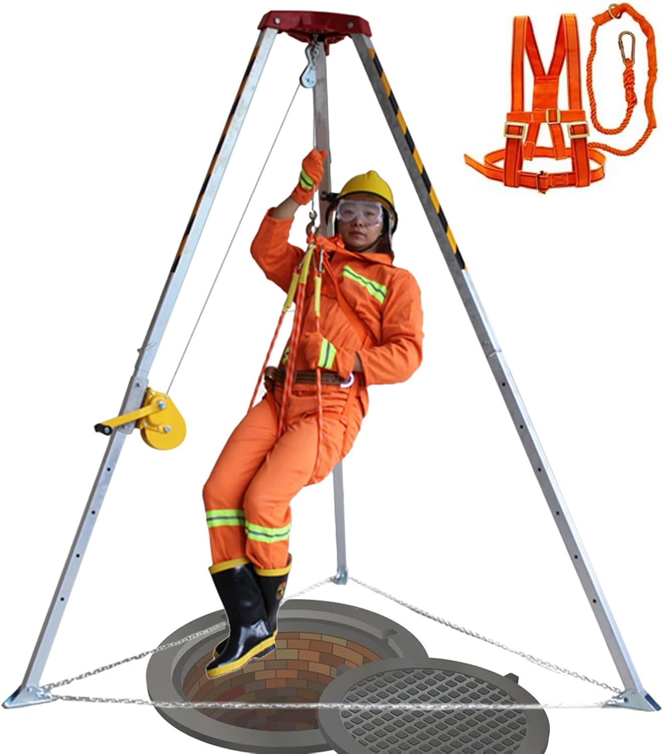 Emergency Tripod Rescue Kit for Confined Space Entry, Adjustable Height Lifting Equipment with Retractable Legs, Carry Bag & Safety Belt, 1200lbs Capacity (65' Winch)