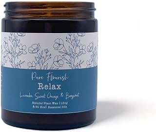 Pure Flourish Relax Scented Candle Lavender + Sweet Orange + Bergamot Essential Oil Aromatherapy Candle Soy Wax 180ml