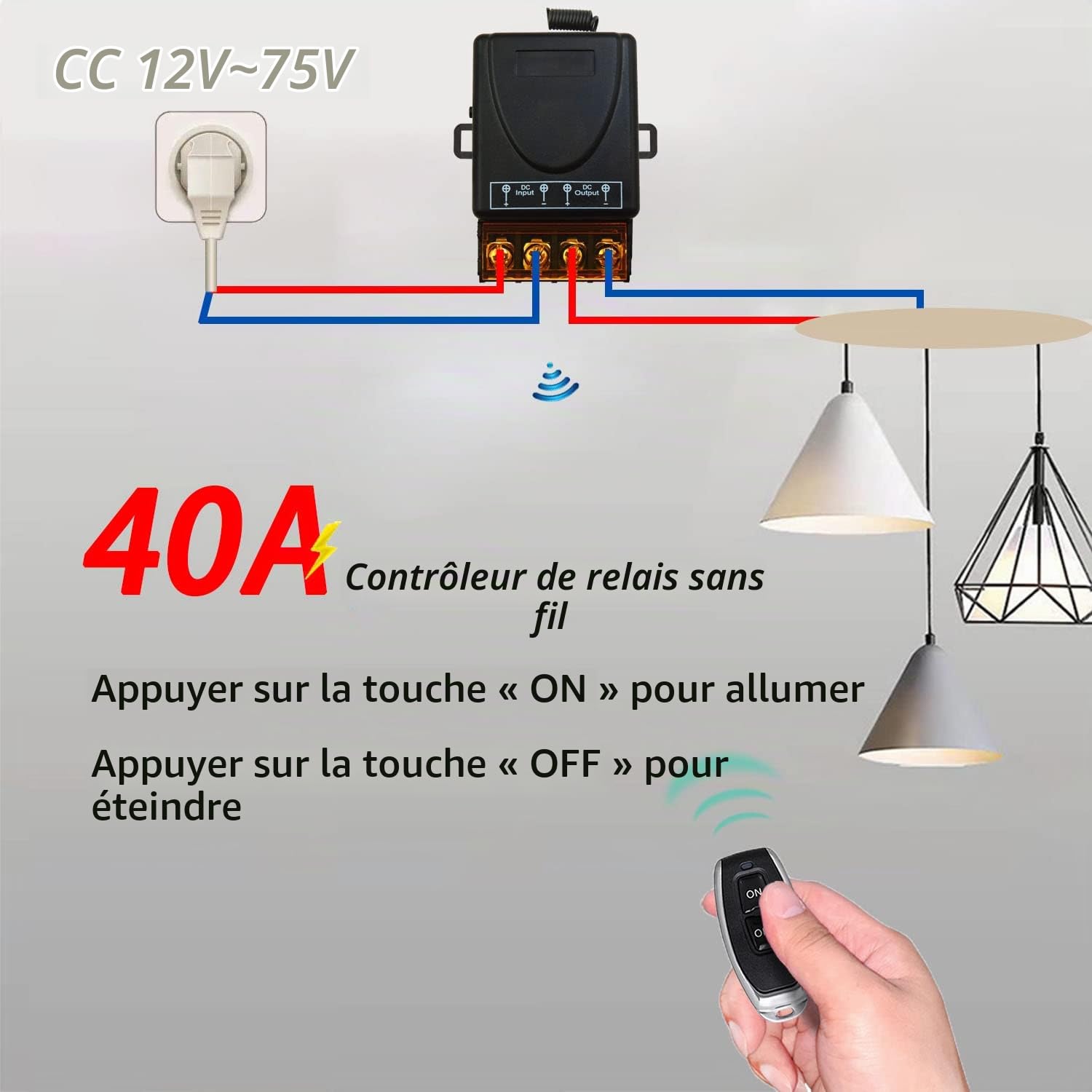 DieseRC Commutateur de télécommande sans fil 433Mhz Contrôle radio DC 12V 24V 36V 48V 12V-75V 40A Relais récepteur et émetteur porte-clés pour l'éclairage des appareils ménagers de la pompe à eau
