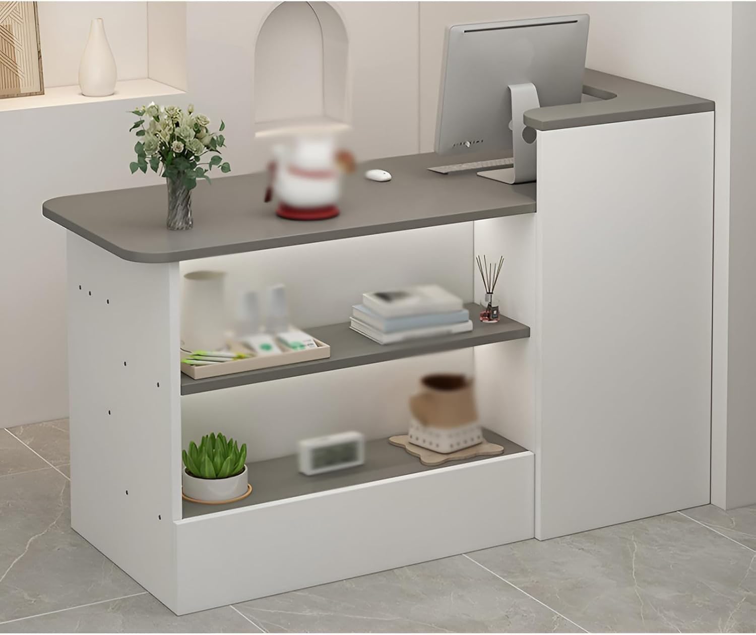 Empfangstresen l Form mit Schreibtisch, 140x100x45cm, Gris/Derecho