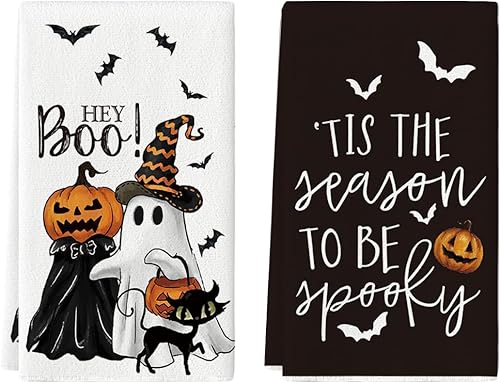 Artoid Mode Juego de 2 toallas de cocina de Halloween, diseño de murciélagos y murciélagos fantasmas, 18 x 26 pulgadas, decoración de temporada,