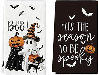 Artoid Mode Ghost Cat Halloween Kitchen Towels Set of 2 18x26 Inch | Pumpkin Bats Cat Hey Boo Hand & Dish Towels,Ultra Absorbent,Seasonal Farmhouse Decoration