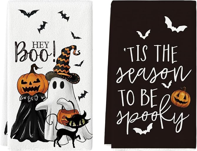 Artoid Mode Ghost Cat Halloween Kitchen Towels Set of 2 18x26 Inch | Pumpkin Bats Cat Hey Boo Hand & Dish Towels,Ultra Absorbent,Seasonal Farmhouse Decoration