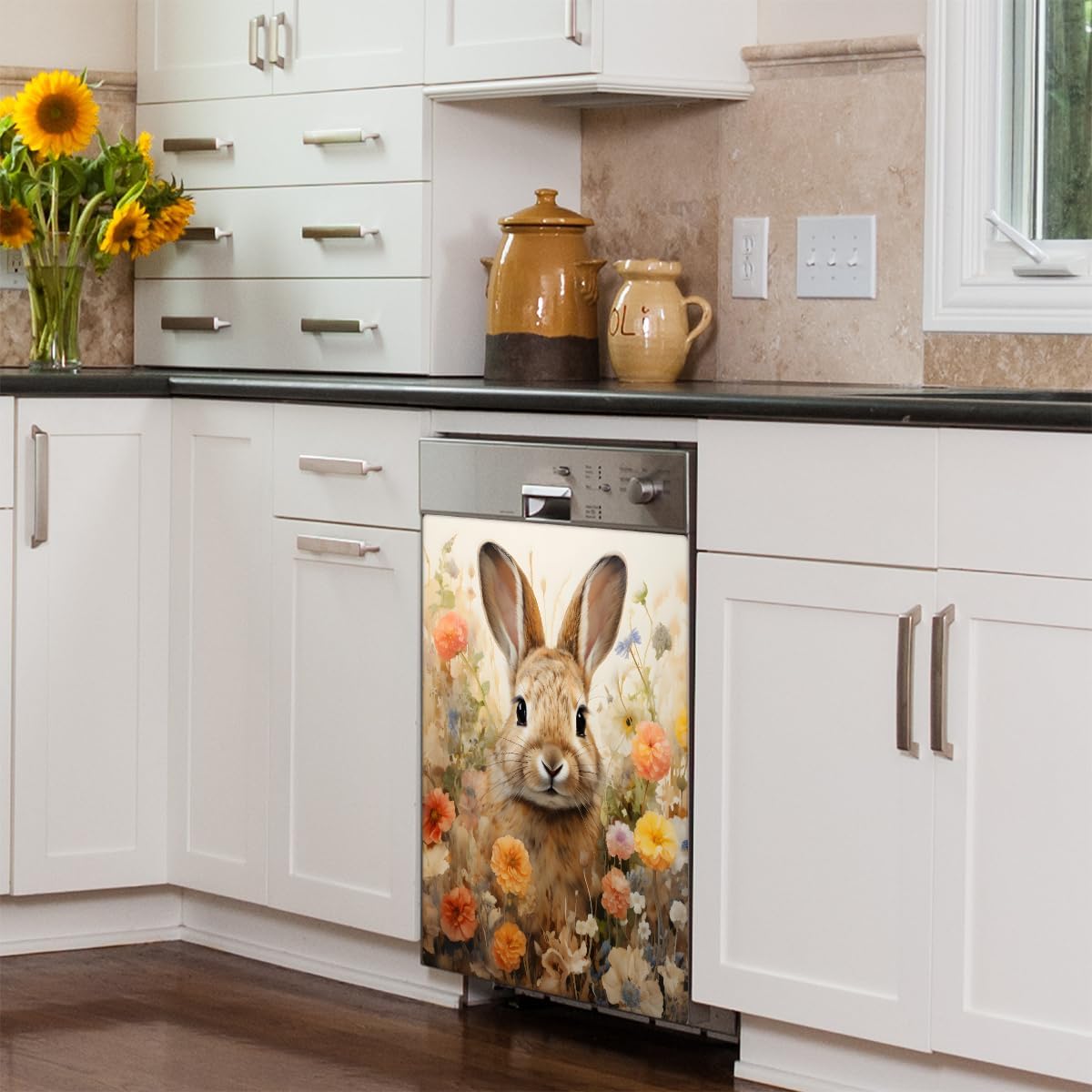 Cute Rabbit Dishwasher Magnet Cover Decorative Refrigerator Covers Magnetic Reusable Dishwasher Door Cover Kitchen Appliance Sticker Cover 23x26Inch
