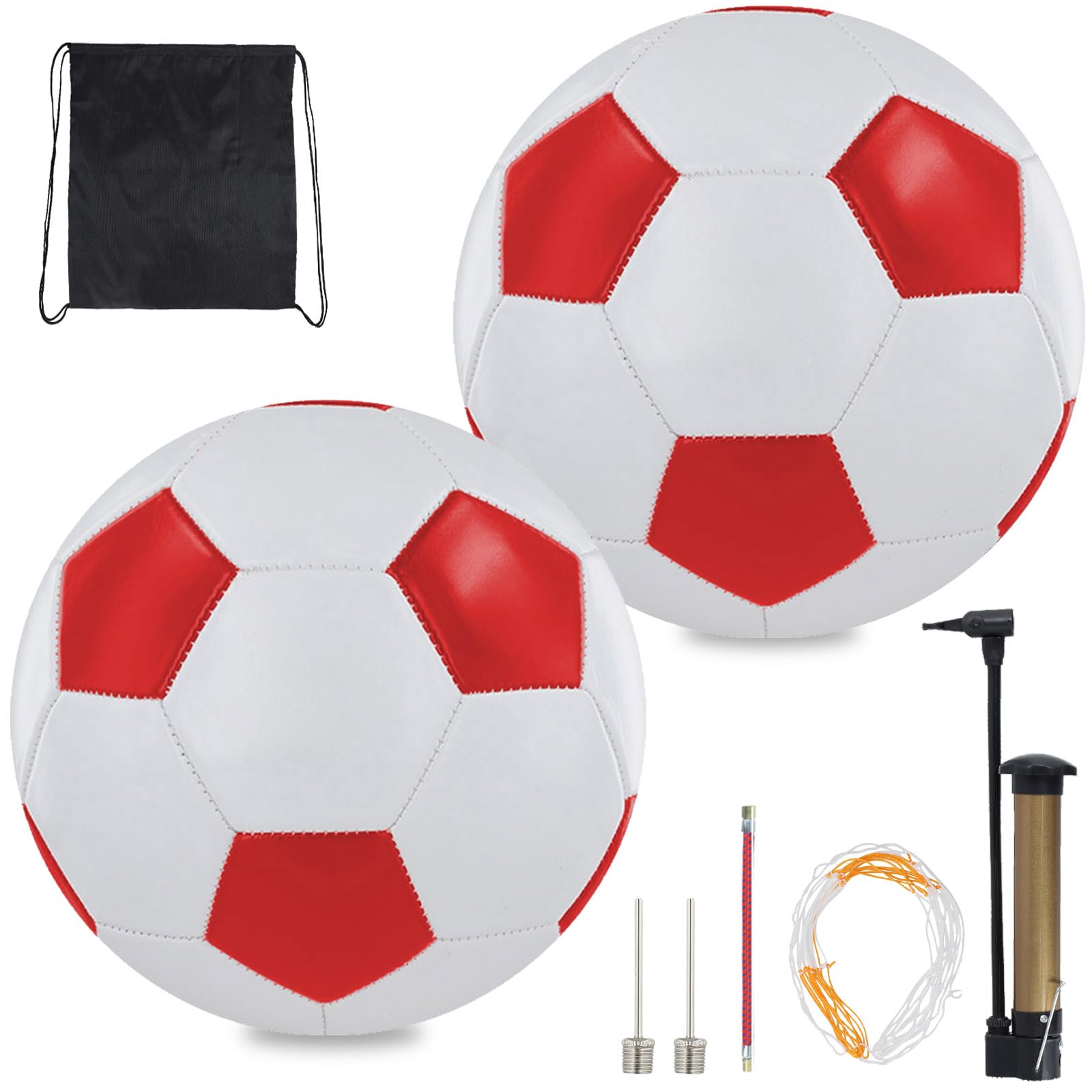 Nexhyp 2 Pack Kids Football Size 5 Premium Leather - Durable Soccer Ball and Pump for Boys Girls Adults, All-Weather Indoor Outdoor Football Training & Competition Use (Red White)