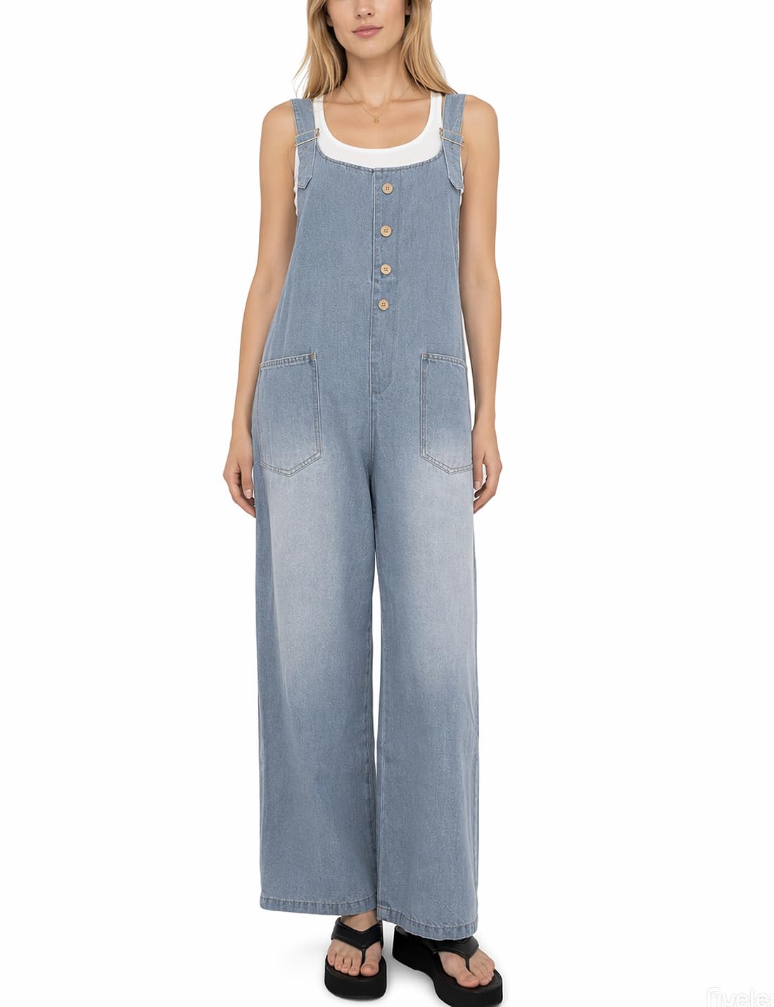 Salopette décontractée en jean pour femme avec bretelles réglables, boutonnière et pantalon sarouel