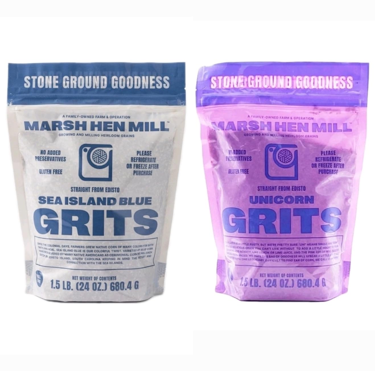 Marsh Hen Mill Stone Ground Grits, Sea Island Blue and Unicorn Varieties, Gluten Free, 1.5 lb Certified Organic by Clemson University