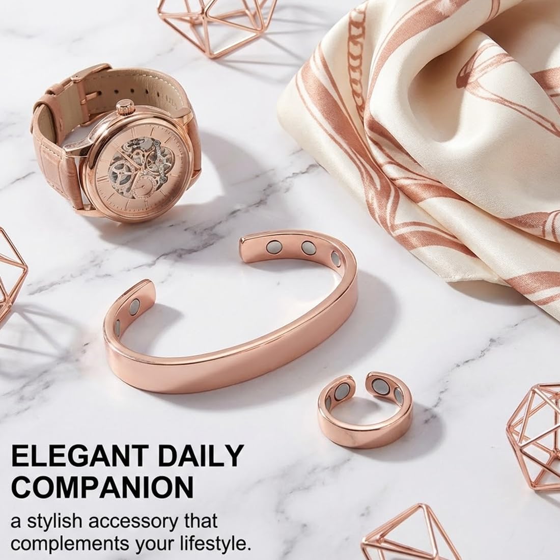 Pulsera y Anillo magnéticos Ajustables de Cobre con 8 imanes Integrados, Unisex (Oro Rosa)