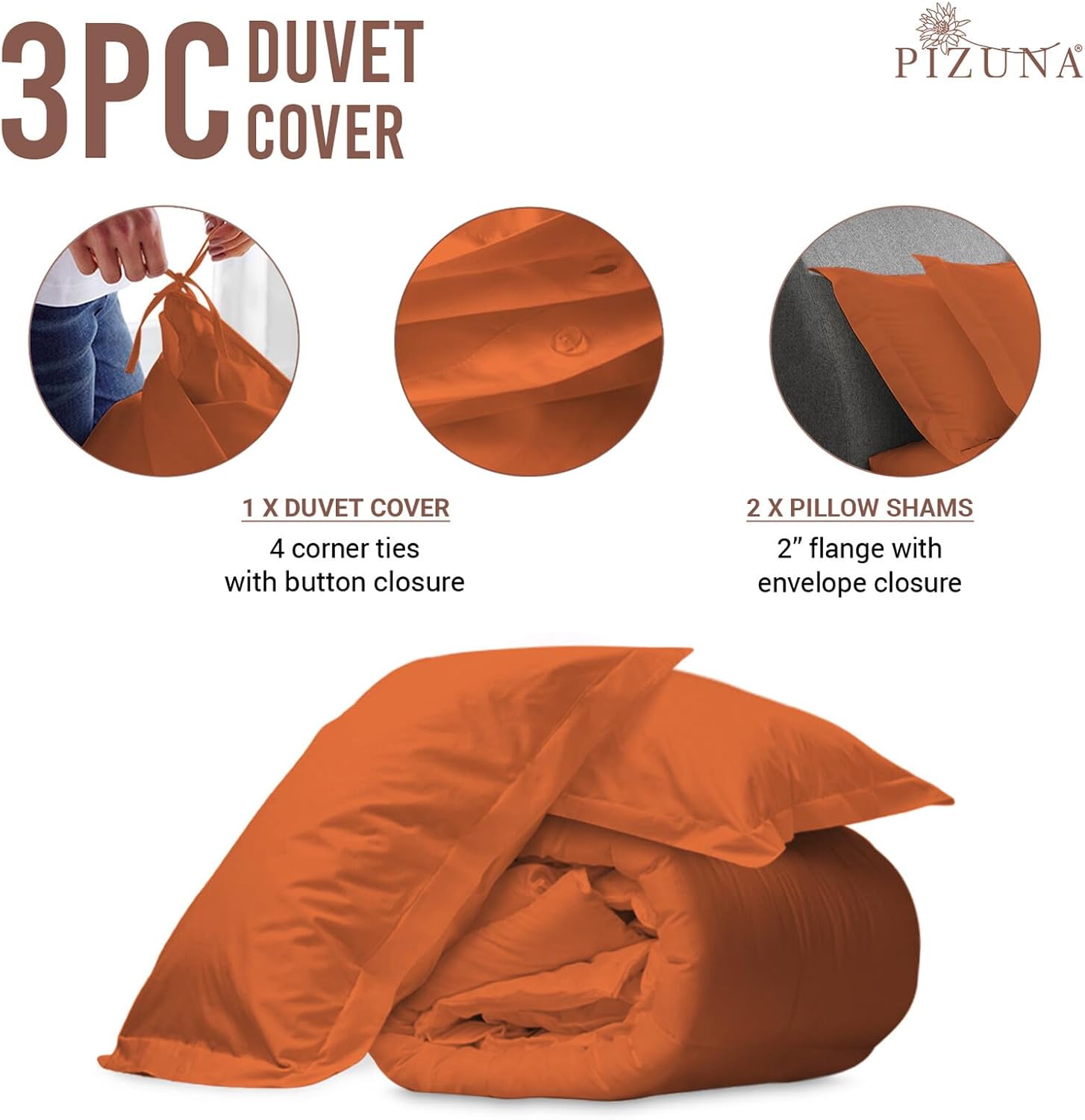Pizuna Pure 100% Cotton Full Duvet Cover Set, Luxurious 400 Thread Count Long Staple Cotton Sateen Weave with Button Closure (Combed Burnt Orange Cotton Duvet Cover Full)