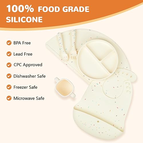 Miniatura 4 de 6 piezas de silicona para bebé, suministros de alimentación de destete con placa de succión dividida, mantel individual, babero, taza, tenedor,