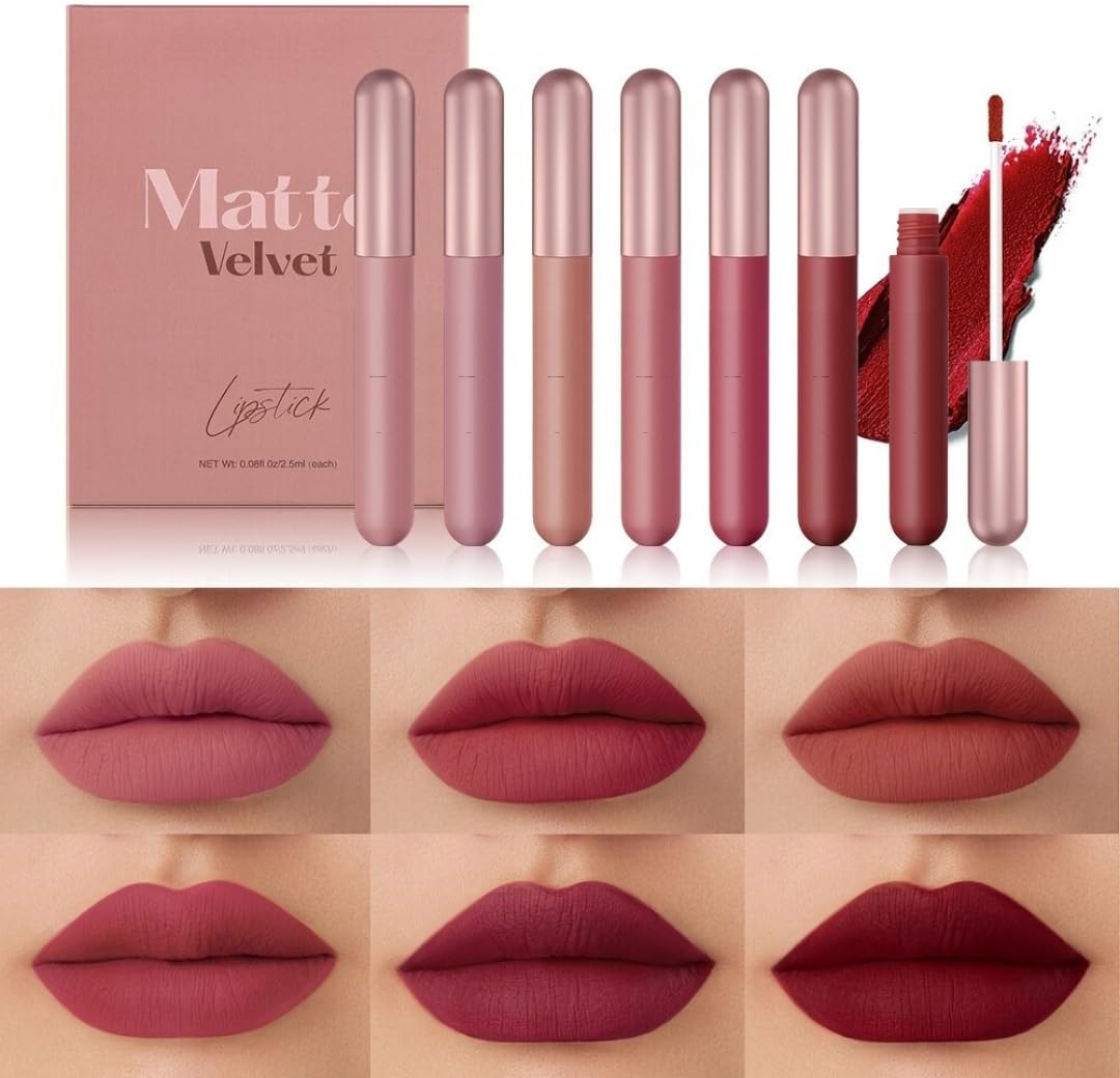 NIKITA.VIVI - 6Pcs Velvet Matte Nude Lipstick Set | Long-Lasting & Rich Pigment Liquid Lipstick Lip Gloss Set | Matte Finish Lipstick | Capsule Tube Shape Lip Gloss Set Gift Collection for Women/Girls