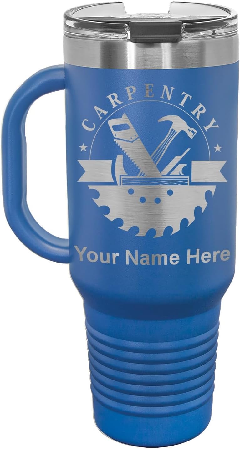 LaserGram 40oz Vacuum Insulated Travel Mug with Handle, Carpentry, Personalized Engraving Included (Dark Blue)