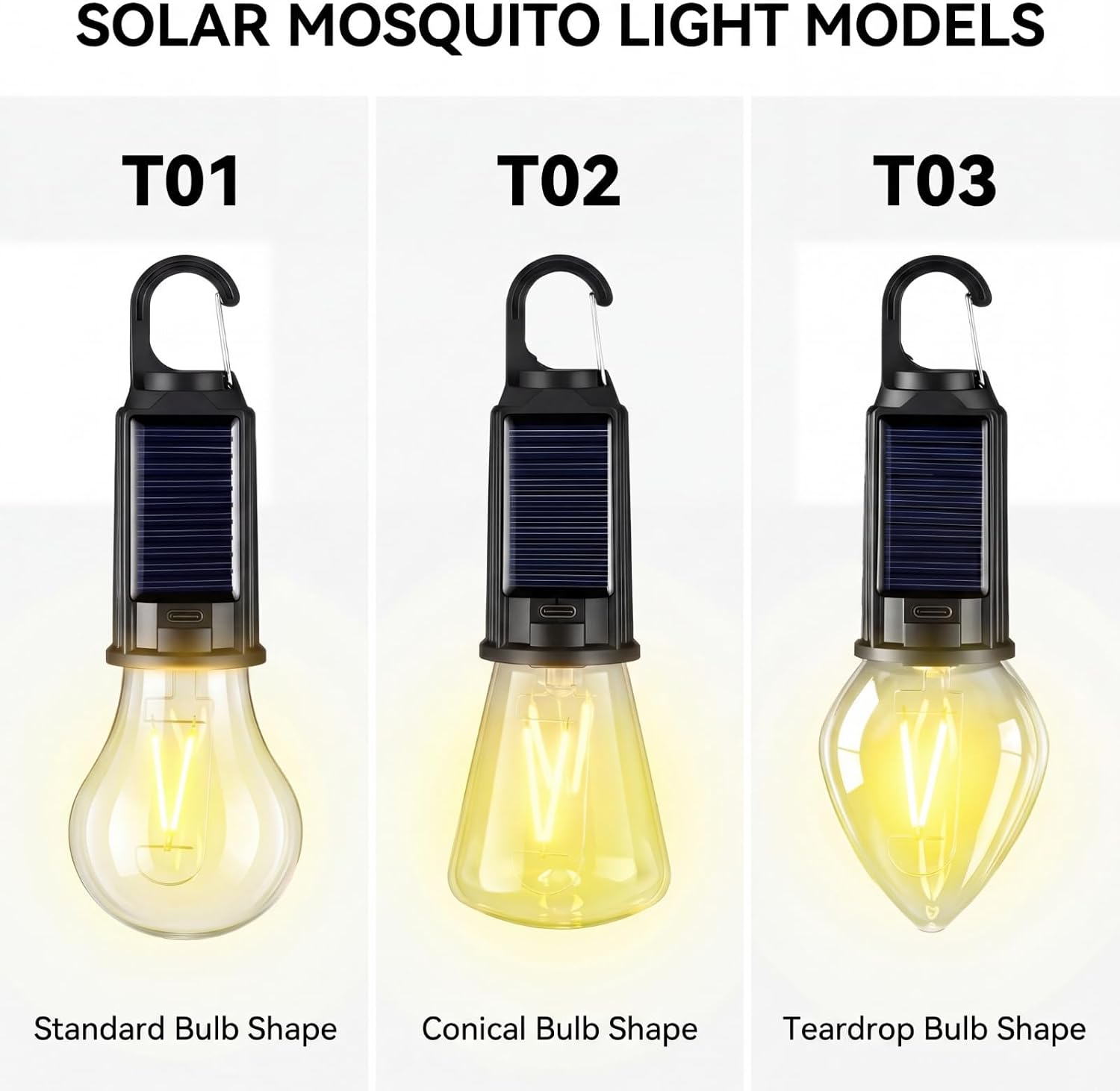 4 Pack Solar Tent Lights for Camping, Yellow Mosquito Repellent Light Bulbs, Rechargeable Hanging Lanterns with Hooks, Portable Bug Proof LED Lantern for Camping, Hiking & Emergency Power(T01)