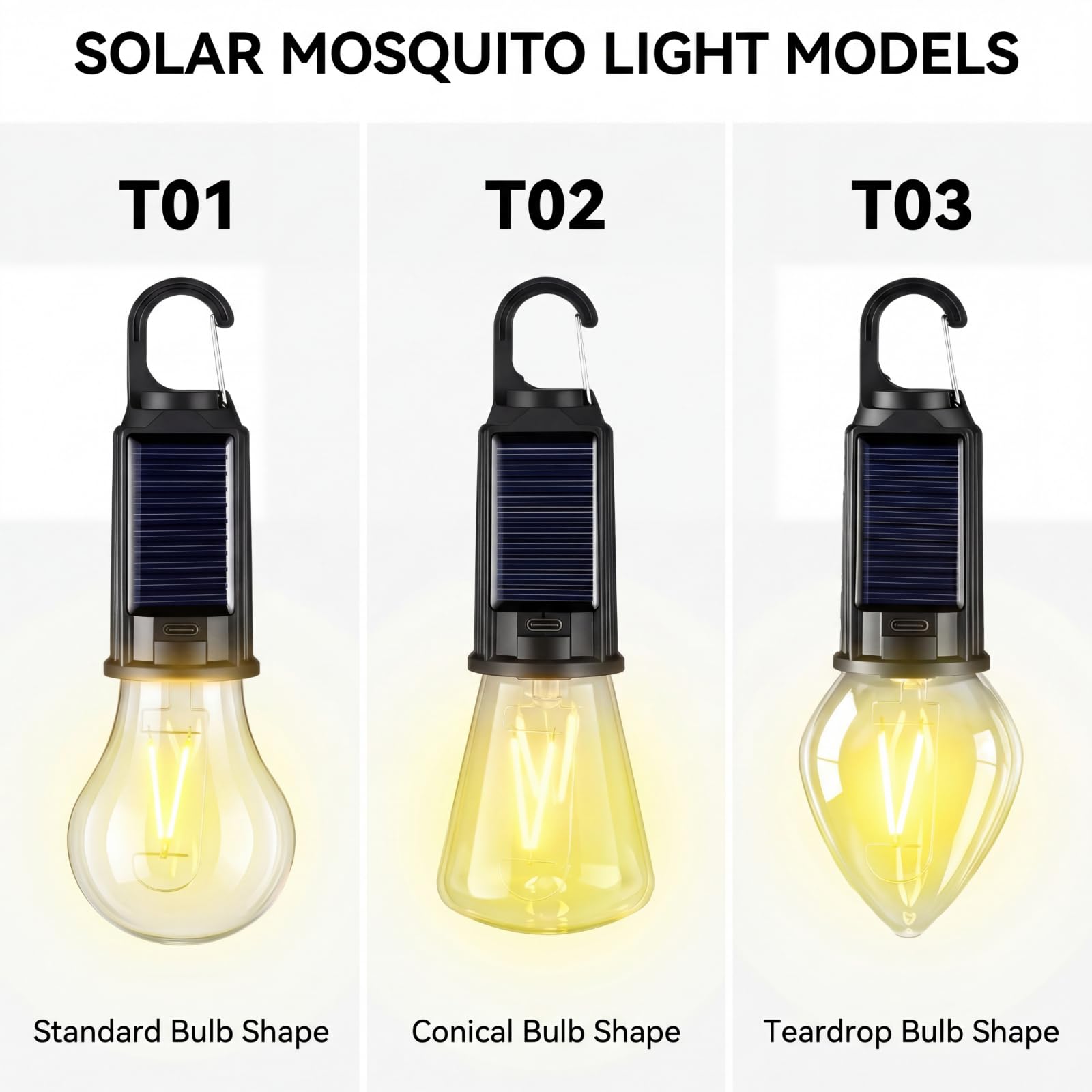 4 lanterne solari da campeggio con luce gialla, lampadina LED ricaricabile per ridurre le zanzare, 3 diverse modalità, luce portatile da appendere con gancio per campeggio, escursionismo