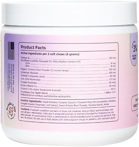 Miniatura 6 de Suplemento brillante para piel y pelaje para perros, 90 masticables suaves, glucosamina para perros con biotina, ácidos grasos Omega 3, aceite de