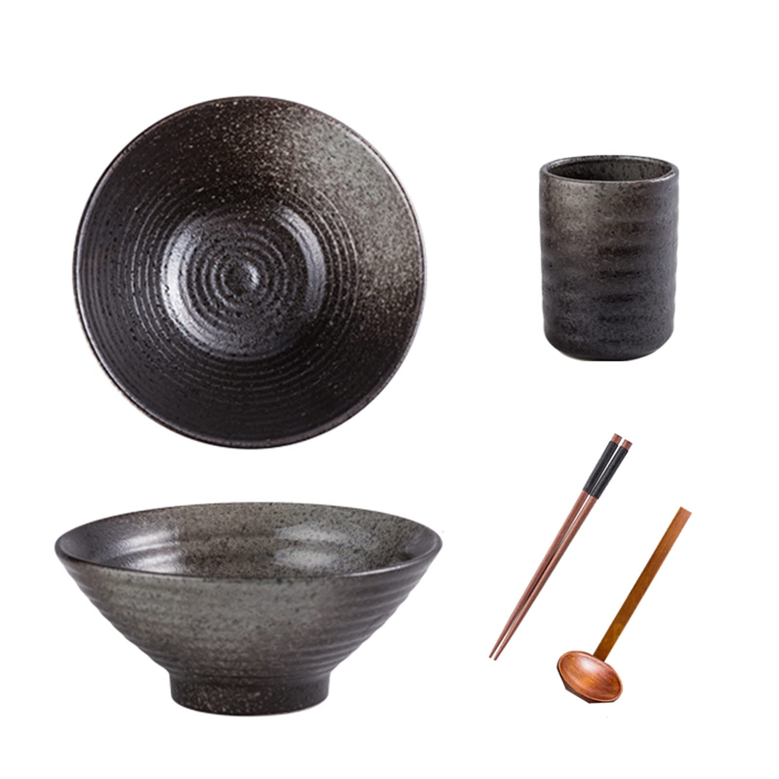 Grands bols à nouilles japonais avec cuillères et baguettes for soupe, céréales, riz, udon, nouilles asiatiques, ensemble de vaisselle bol ramen en céramique de qualité commerciale for restaurant ( Co