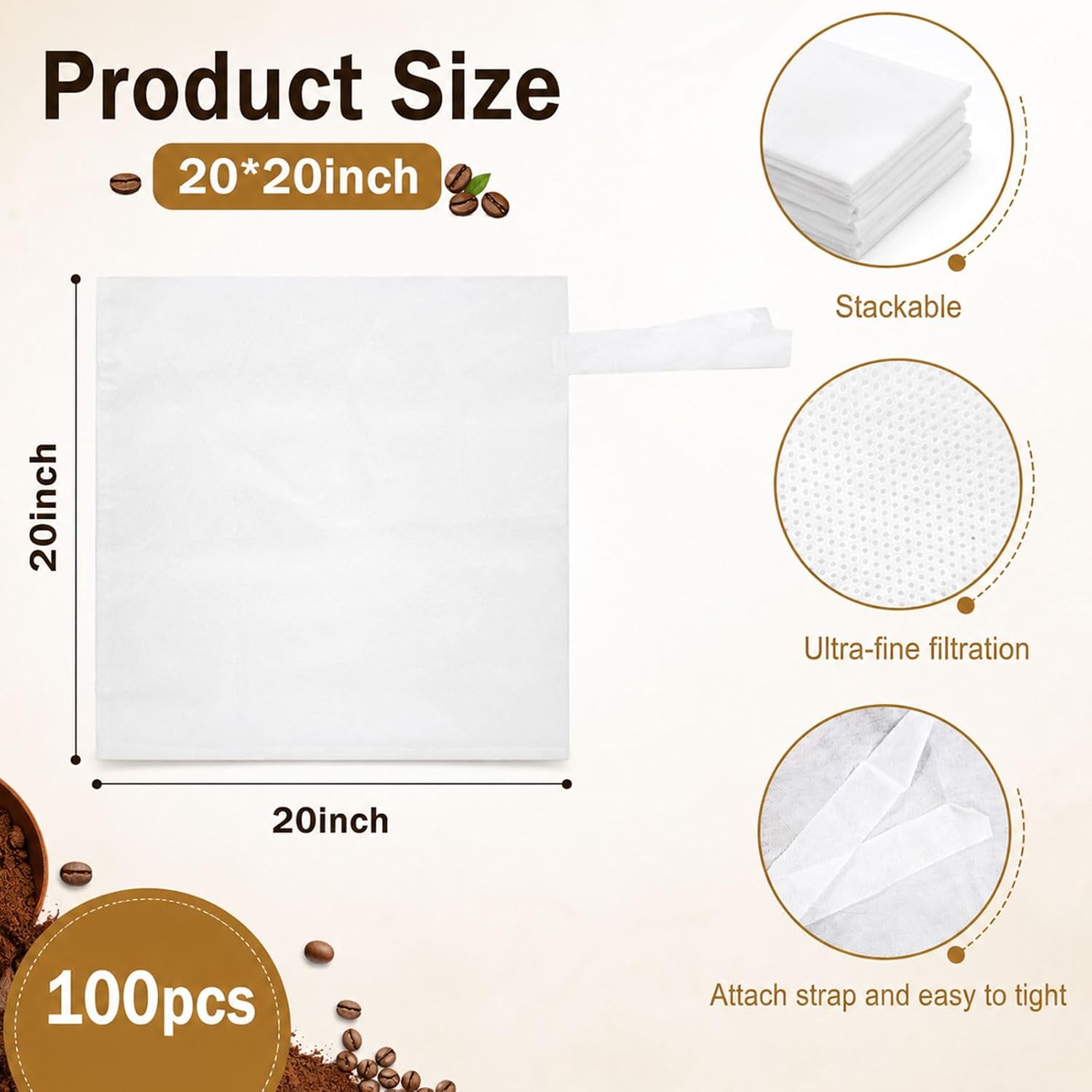 100 Pack Cold Brew Coffee Filter Bags, 20 x 20 Inch Disposable Drawstring Coffee Filters for Large Batch Brewing, Fine Mesh Cold Brew Bags for 5 Gallon Buckets, Coffee Shops, Cafés & Home Brewing image 2