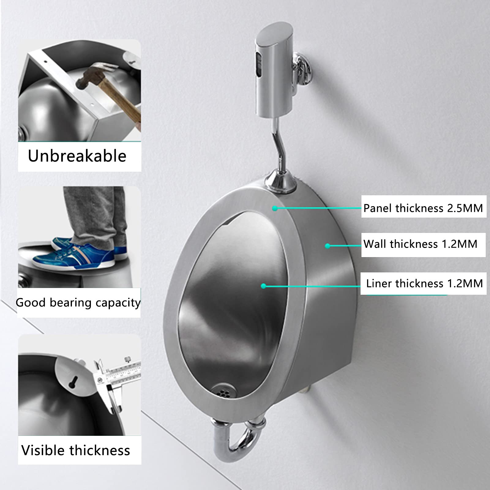 Orinatoio sospeso a Parete, orinatoi Automatici per WC per Uomini, orinatoio Senza Contatto in Acciaio Inossidabile con valvola di Scarico del sensore, per Il Bagno di casa Ristorante dell'hotel