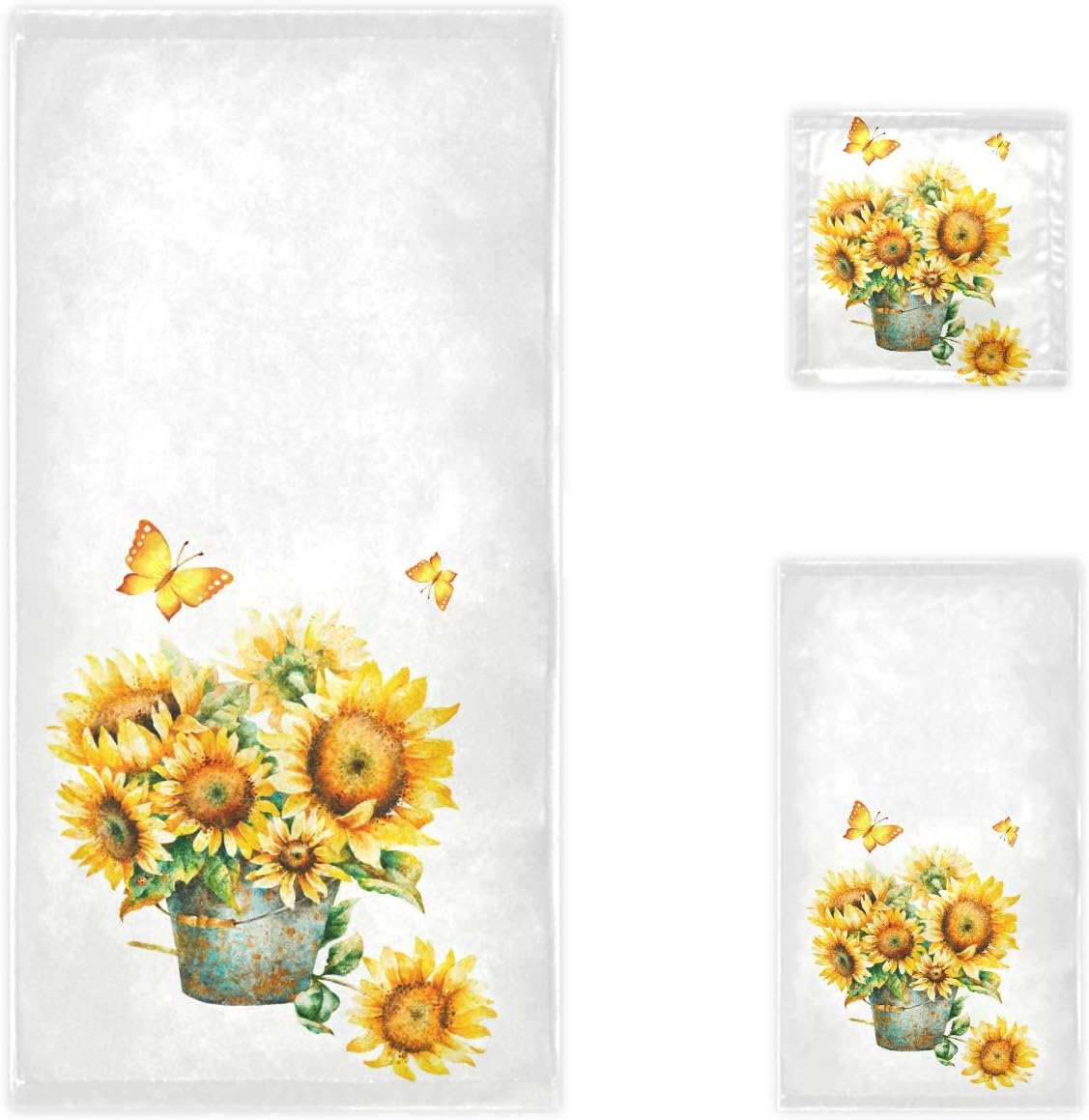 Naanle Chic Beautiful Sunflowers Butterfly Vintage Soft Luxury Decorative Set of 3 Towels, 1 Bath Towel+1 Hand Towel+1 Washcloth, Multipurpose for Bathroom, Hotel, Gym, Spa and Beach(White)