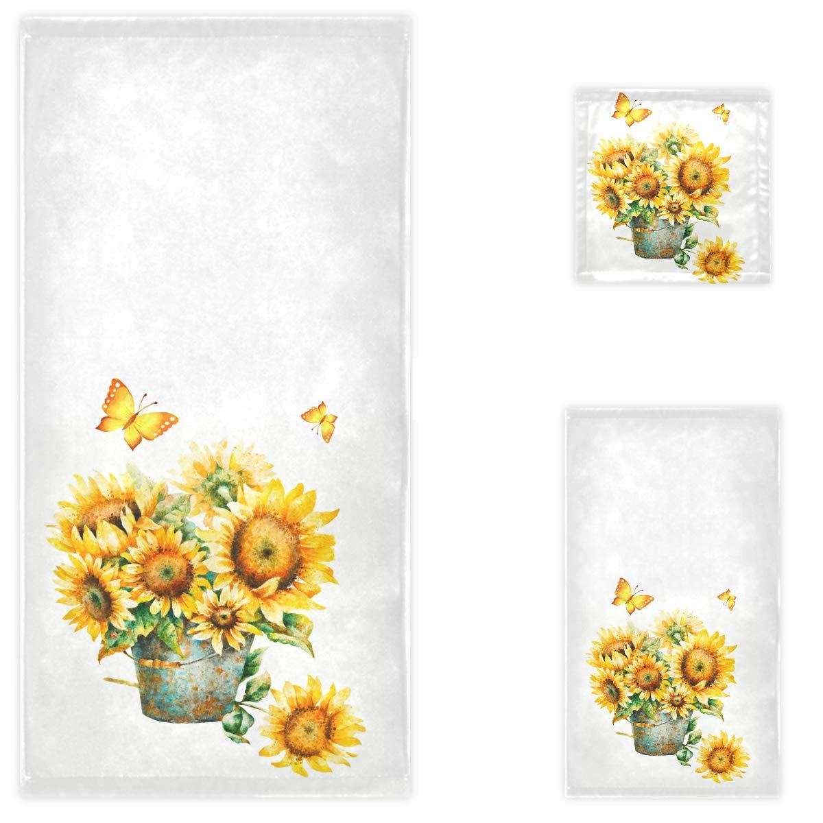 Naanle Chic Beautiful Sunflowers Butterfly Vintage Soft Luxury Decorative Set of 3 Towels, 1 Bath Towel+1 Hand Towel+1 Washcloth, Multipurpose for
