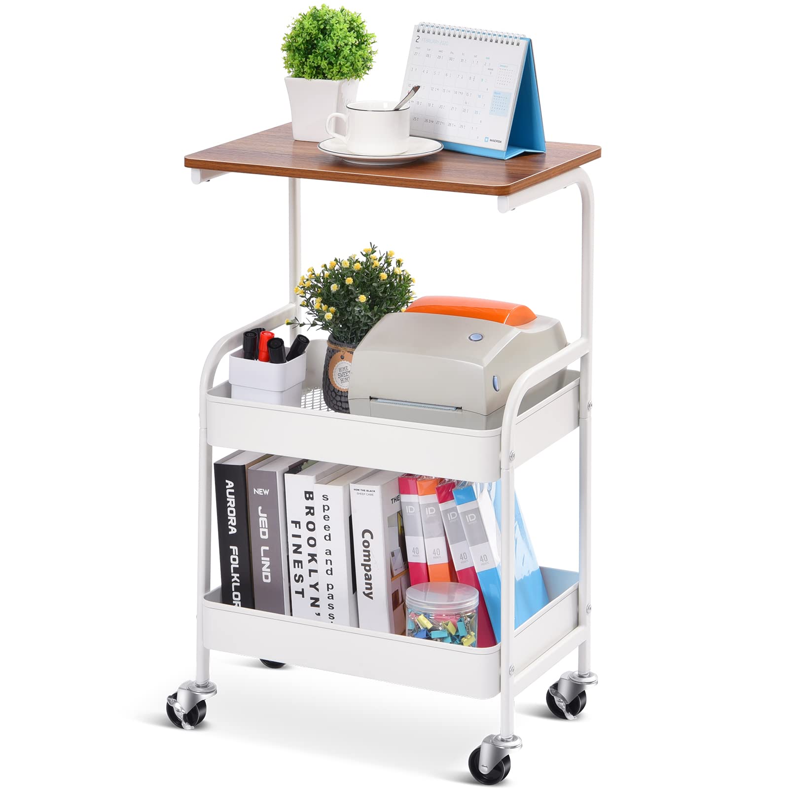 TOOLF Utility Cart with Wooden Table Top, 3-Tier Metal Storage Cart, White Trolley Kitchen Organizer Rolling Desk with Lockable Wheels for Office, Classroom, Home