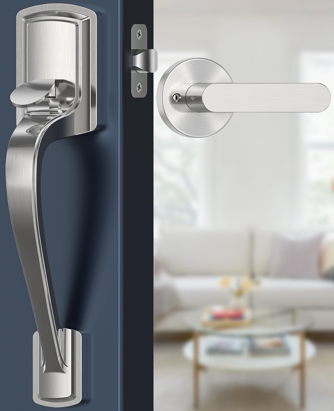 Nickel Front Door Handle No Lock, Heavy Duty Front Door Lock Set
