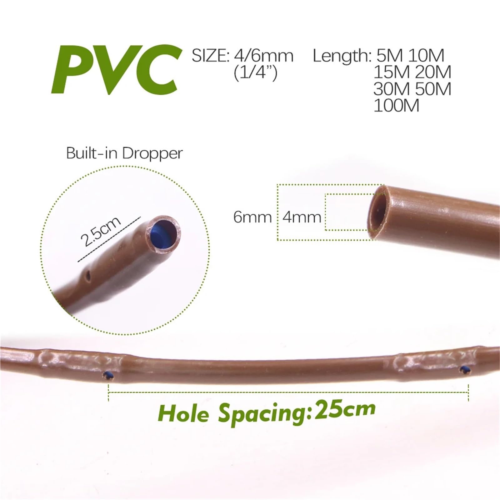 Tuyau clim Tuyau d'irrigation compte-gouttes en PVC, 4/6mm, 25cm d'espacement, for serre, légumes, plantes, goutte-à-goutte, buse d'émetteur intégrée, Tube d'arrosage(Brown,OD-6MM ID-4MM_30M (98.4FT))