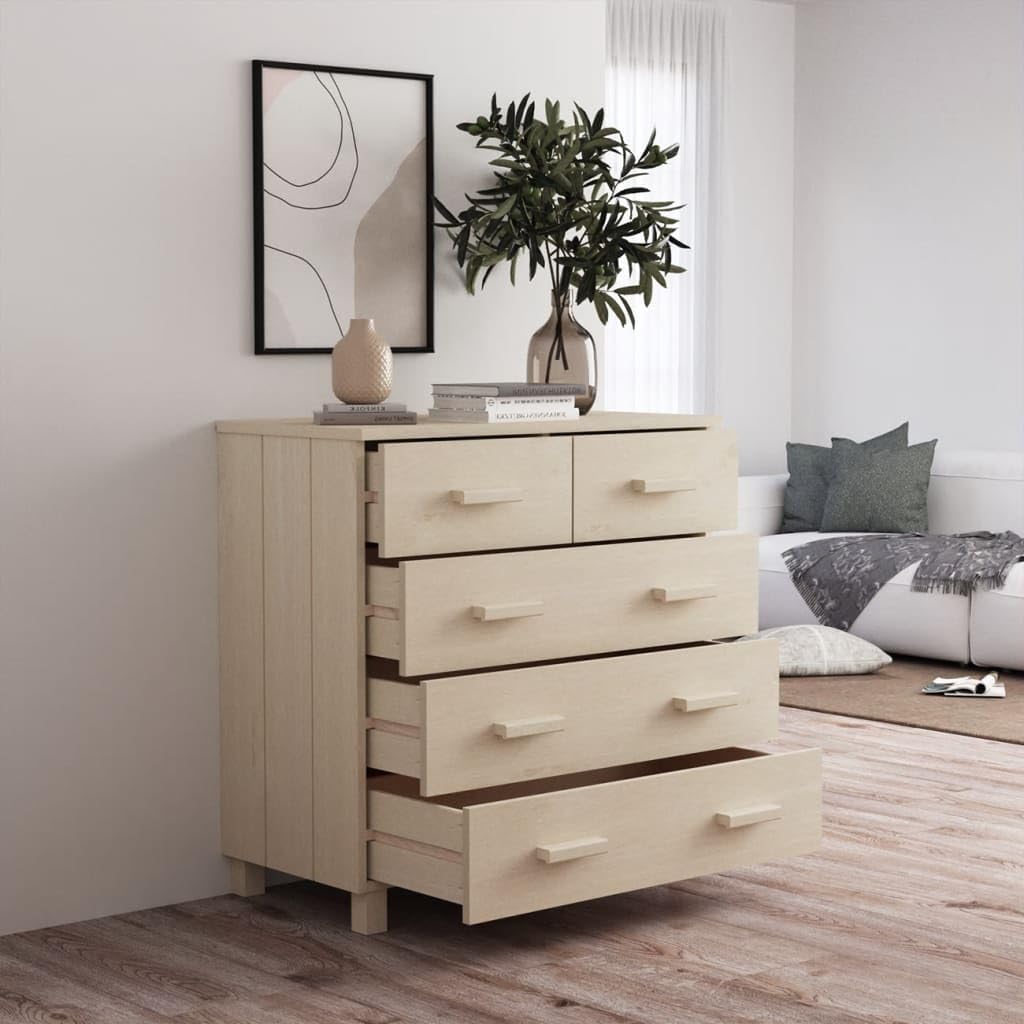Honey Brown Solid Pine Wood and MDF Sideboard with 5 Drawers and Sliding Doors, Modern Storage Cabinet for Living Room Dining Area, Durable Furniture Organizer