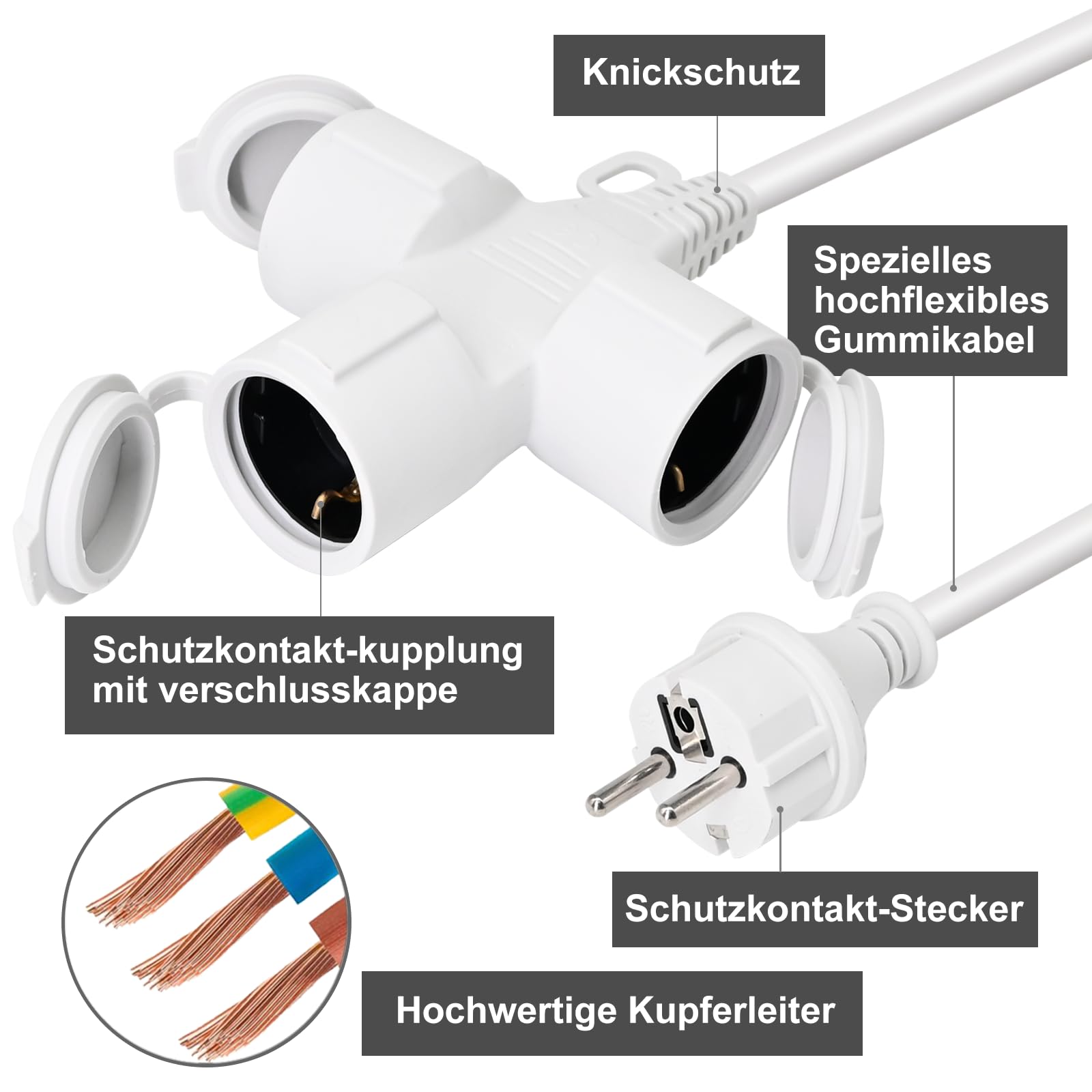 XUANSHI Cable alargador exterior de 7 m con 3 enchufes Schuko, 3 alargadores, IP44 para exteriores, cable de goma exterior de 1,5 mm², distribuidor de 3 compartimentos con tapa protectora, 3500 W