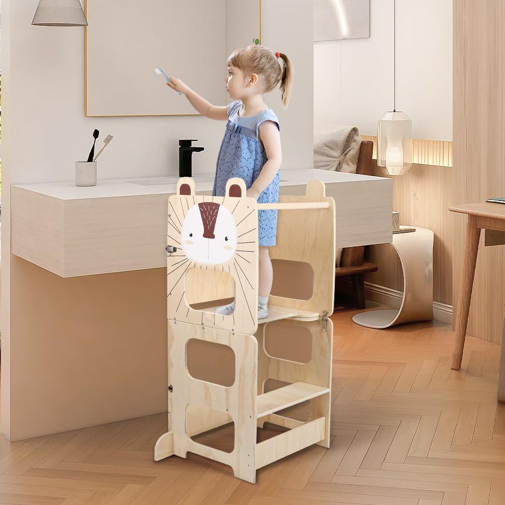 Lernturm 3 in 1, Lernturm für Kinder, Montessori Beobachtungsturm aus Holz, rutschfeste Oberfläche, Tisch und Stuhl für Kinder (Igel)
