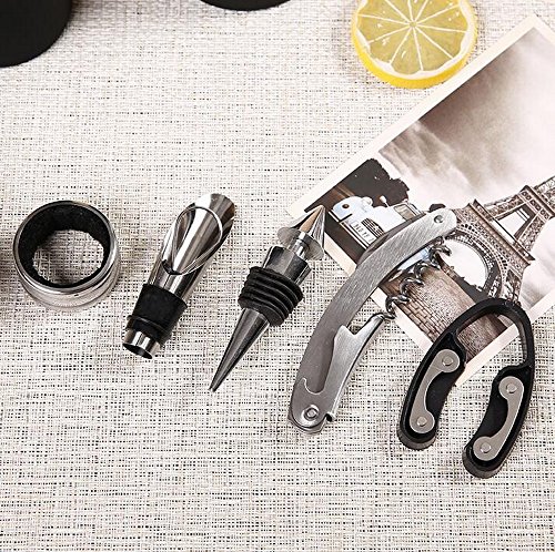 Kato 5-Piece Wine Bottle Tools Gift Set, Wine Pourer, Stopper, Foil Cutter, Drip Ring And Corkscrew Opener (Bottle Shaped Carry Case) #TOP7