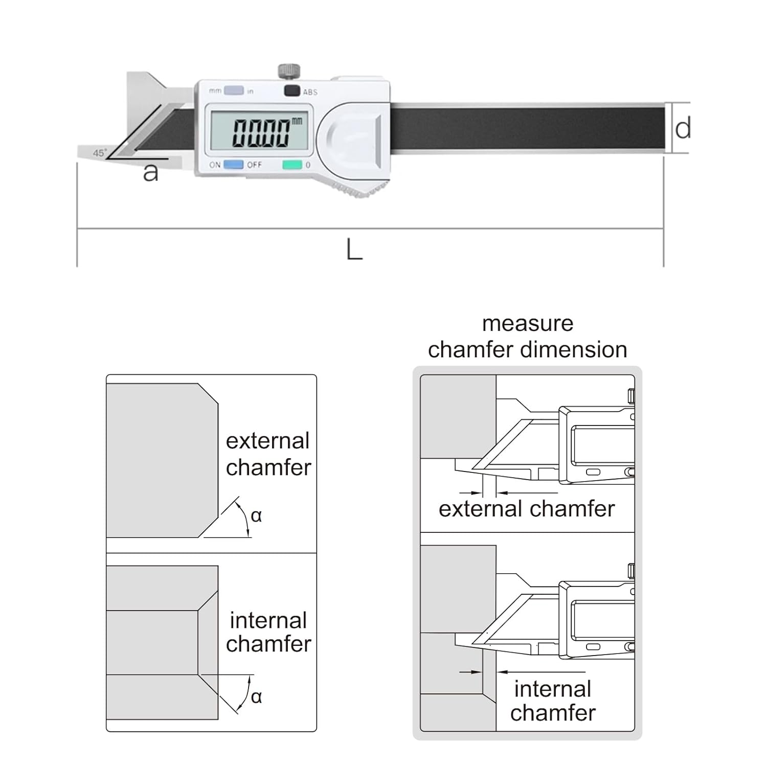 Digital Chamfer Gage Ruler, Electronic Chamfering Ruler, Measure 45° Chamfer Dimension, Made of Stainless Steel, Resolution 0.01mm, Range 0-10mm