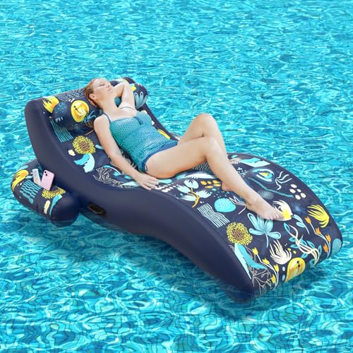 Sunikko X 2-in-1 Pool Floats, Inflatable Pool Floats Adult Lounge Chair with Cup Holder Tanning Pool Float, Heavy Duty Water Float Raft for Pool Floating with Pillow, Flower Star Style