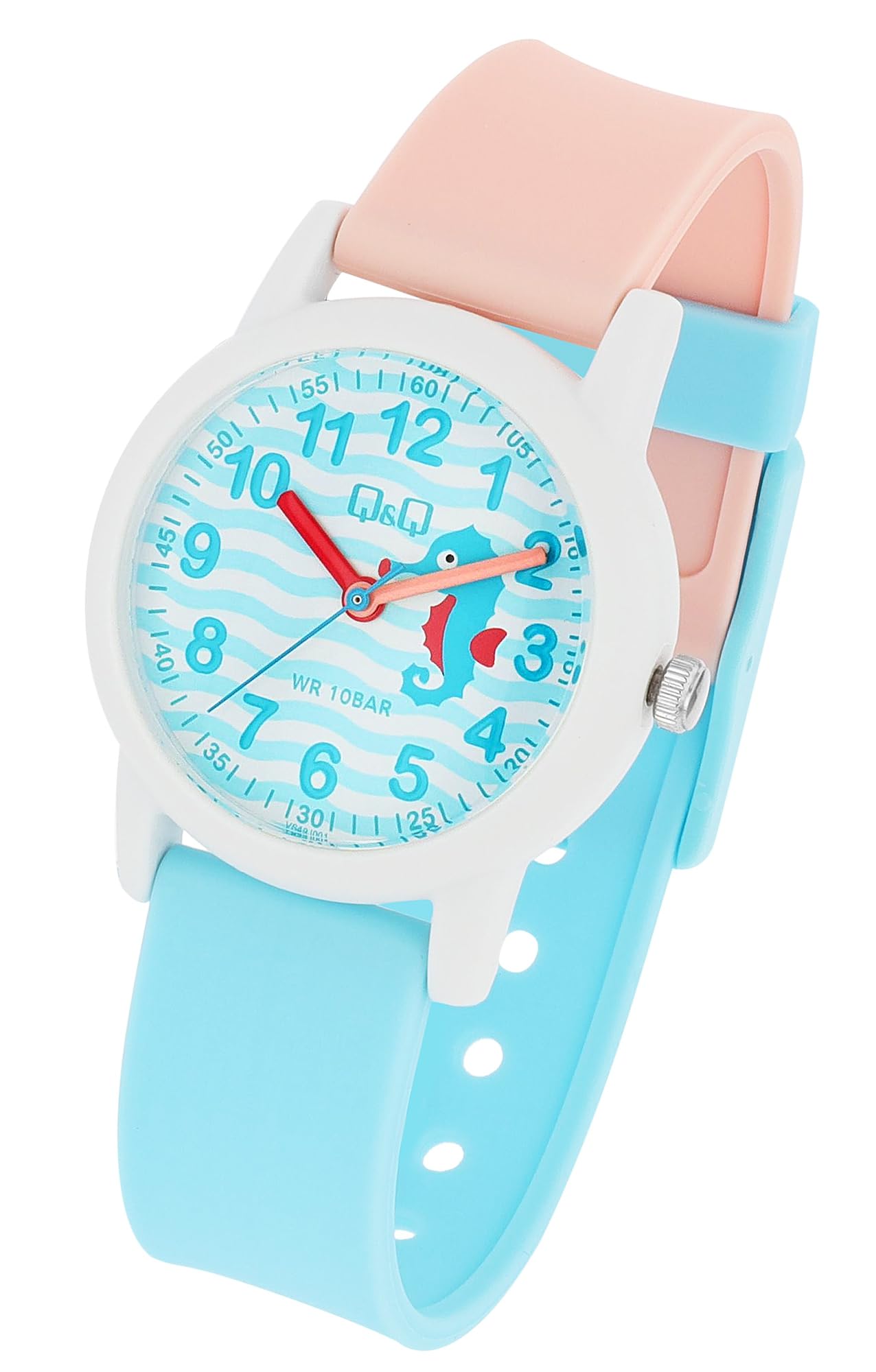 Q&Q Kinder-Uhr Silikon 10 Bar Motiv bunt Lernuhr Analog Quarz (rosa Seepferdchen)