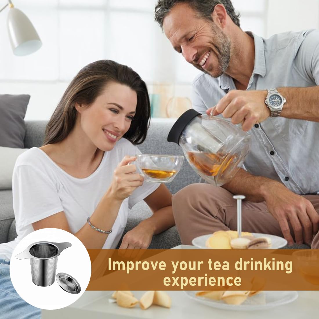 Colador de Té de Acero Inoxidable 2 Piezas, Infusor con Tapa y 2 Asas, Filtro Reutilizable para Tazas y Teteras
