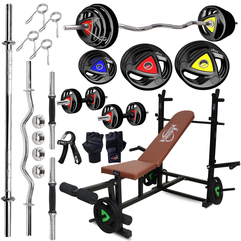 Home Gym Set 90KG | 8 in 1 Adjustable Workout Bench with Rubber-Coated Weight Plates, Curl & Straight Bars, Dumbbells, Jump Rope, Hand Grips & Gym Gloves - Full Body Strength Training Equipment for Home Gym-image-42