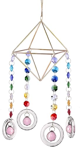 rockcloud Soporte para plantas de aire hecho a mano, maceta geométrica moderna de metal, adorno colgante de vidrio de cristal, campanilla de viento