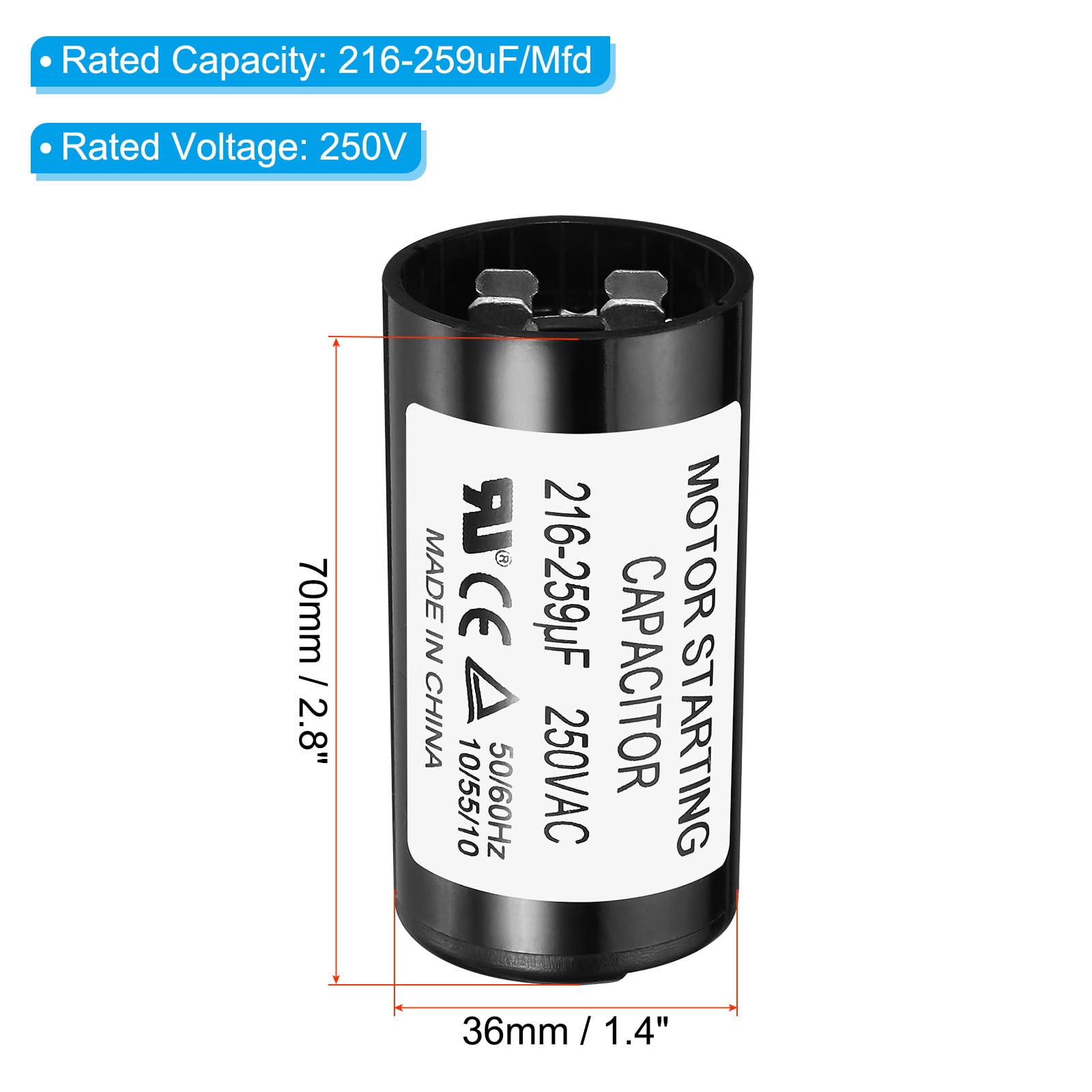PATIKIL Condensatore Avviamento Motore 216-259uF/Mfd 250V 50/60Hz CD60 Condensatore Marcia Condensatore Avviamento Motore per Avviamento Motore Elettrico Funzione