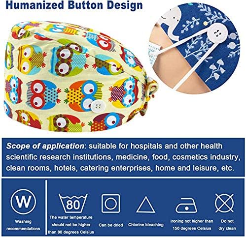 Leader Jin Cute Printed Working Cap Bouffant Turban Cap with Button and Sweatband Adjustable Tie Back Hats for Women/Me