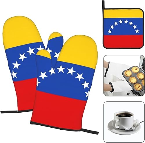 Miniatura 5 de Juego de 3 manoplas de horno con diseño de bandera de Venezuela, lavables y antideslizantes, resistentes al calor, guantes de cocina para hornear y