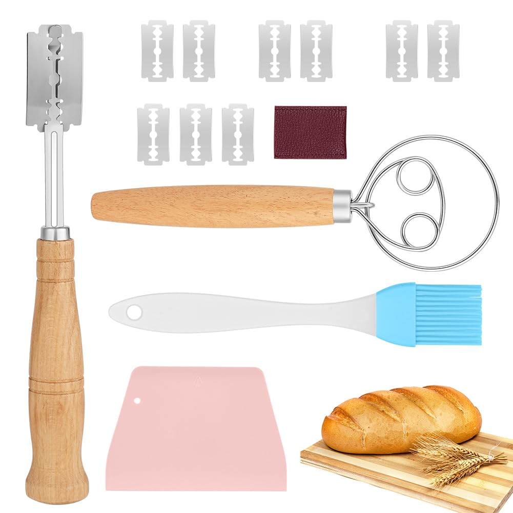 OSDUE Cuchilla Panadero, 4 Piezas Batidor Danés, Cuchilla Panadero Greñar Pan con 10 Hojas & Funda Protectora, Espátula para Masa y Cepillo Hornear, Ideal para Baguettes Masa Pan Casero y Repostería