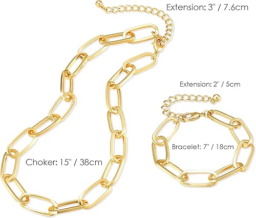Miniatura 5 de LANE WOODS Collar de Cadena y Pulsera de Oro para Mujeres Damas Juego de Joyería de Eslabones de Cadena Delicada y Gruesa con Clip de Papel
