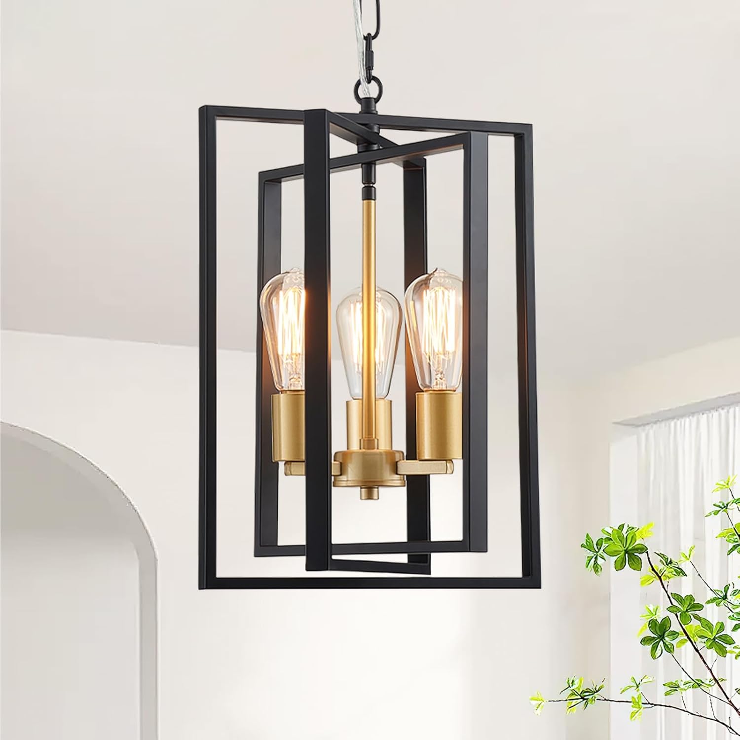 Black Gold Chandelier 3-Light, Modern Farmhouse Dining Room Light Fixture, Geometric Pendant Chandelier for Living Room Kitchen Bedroom Hallway, Metal Hanging Ceiling Lamp