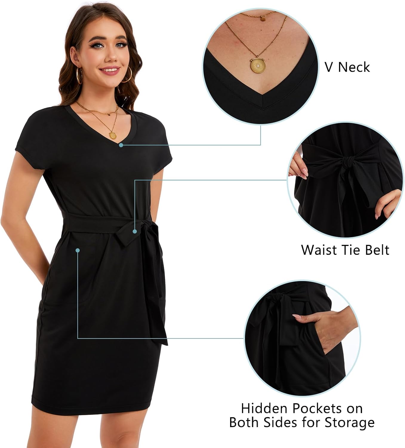 Lightbare Womens UPF 50+ Short Sleeve T Shirt Dress V Neck Summer Floral Dresses Tie Waist Casual with Pockets - Image 4