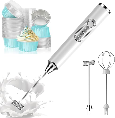 Espumador de leche eléctrico de mano blanco y 50 tazas de papel de aluminio para hornear con tapas azul