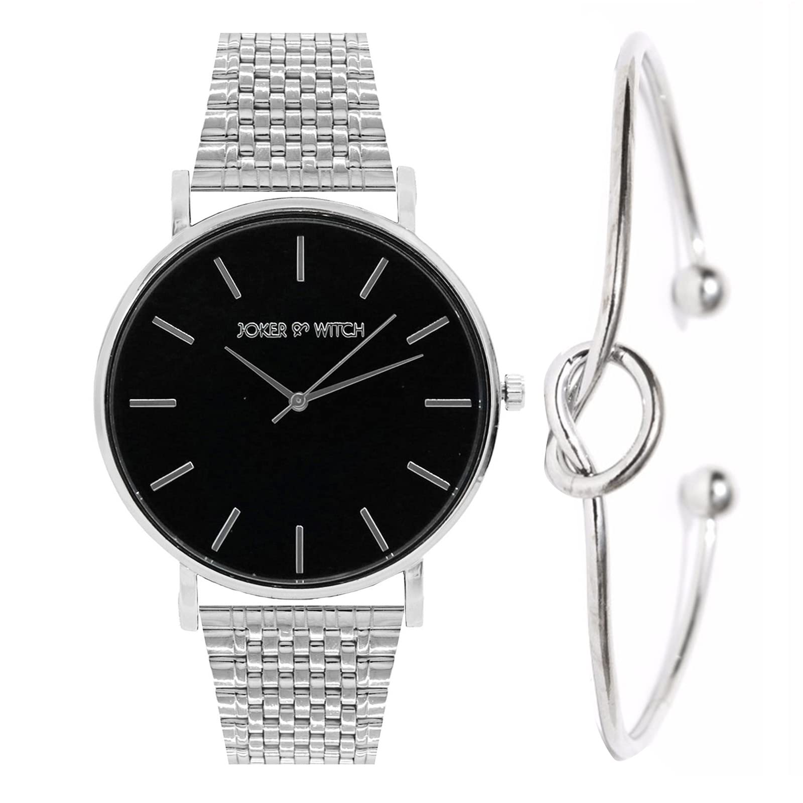 Stainless Steel Luna Silver Analogue Watch Bracelet Gift Set For Women, Black Dial, Silver Band-image-45