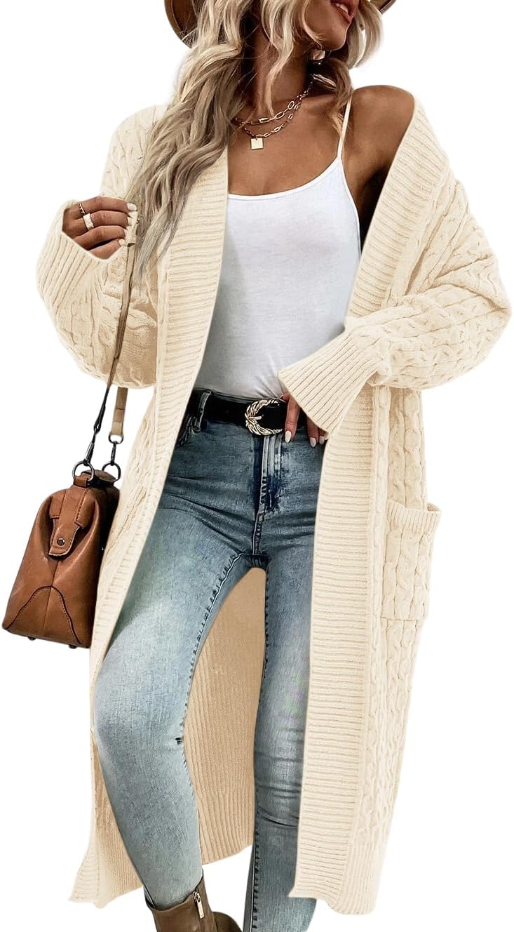 Onedreamer Womens Long Cardigan Cable Knit Open Front Long Sleeve Sweater Coats with Pockets - Image 3