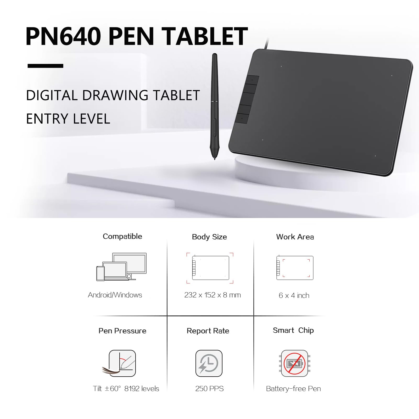 PN640 Tableta gráfica de Dibujo con lápiz óptico sin batería y 8192 Niveles de sensibilidad a la presión - Área Activa Art Pad de 6 x 4 Pulgadas Compatible con Mac OS Android y