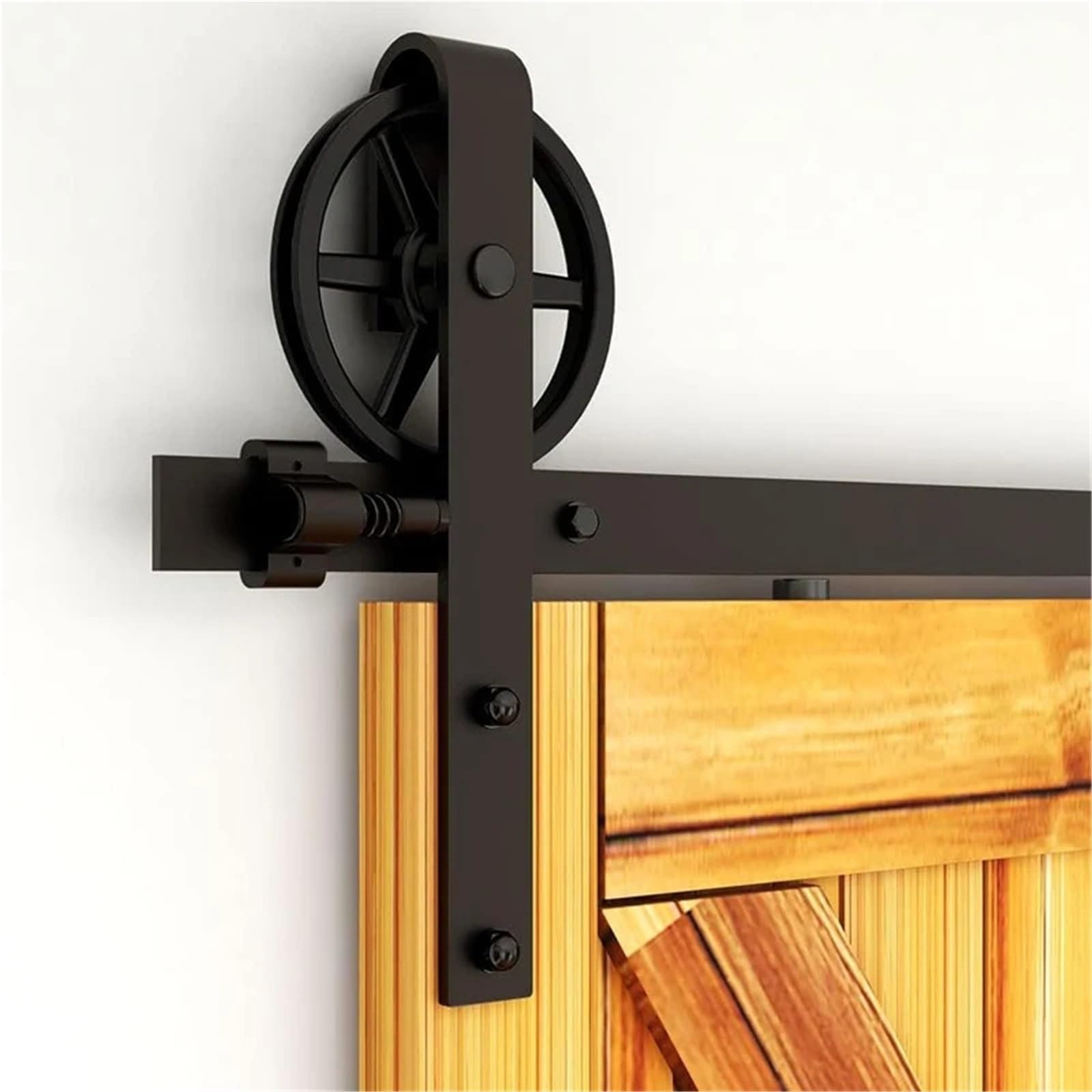 Barn Door Sliding Kit, 6.6ft/201cm Track Sliding Door Hardware Kit with Adjustable Floor Rails - Industrial Large Spoke Wheel J-Type