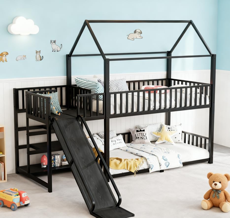 Image of Bellemave Metal Bunk beds Twin Over Twin with Slide and Storage Stairs, House Floor bunk Bed with guardrail for Kids,Black
